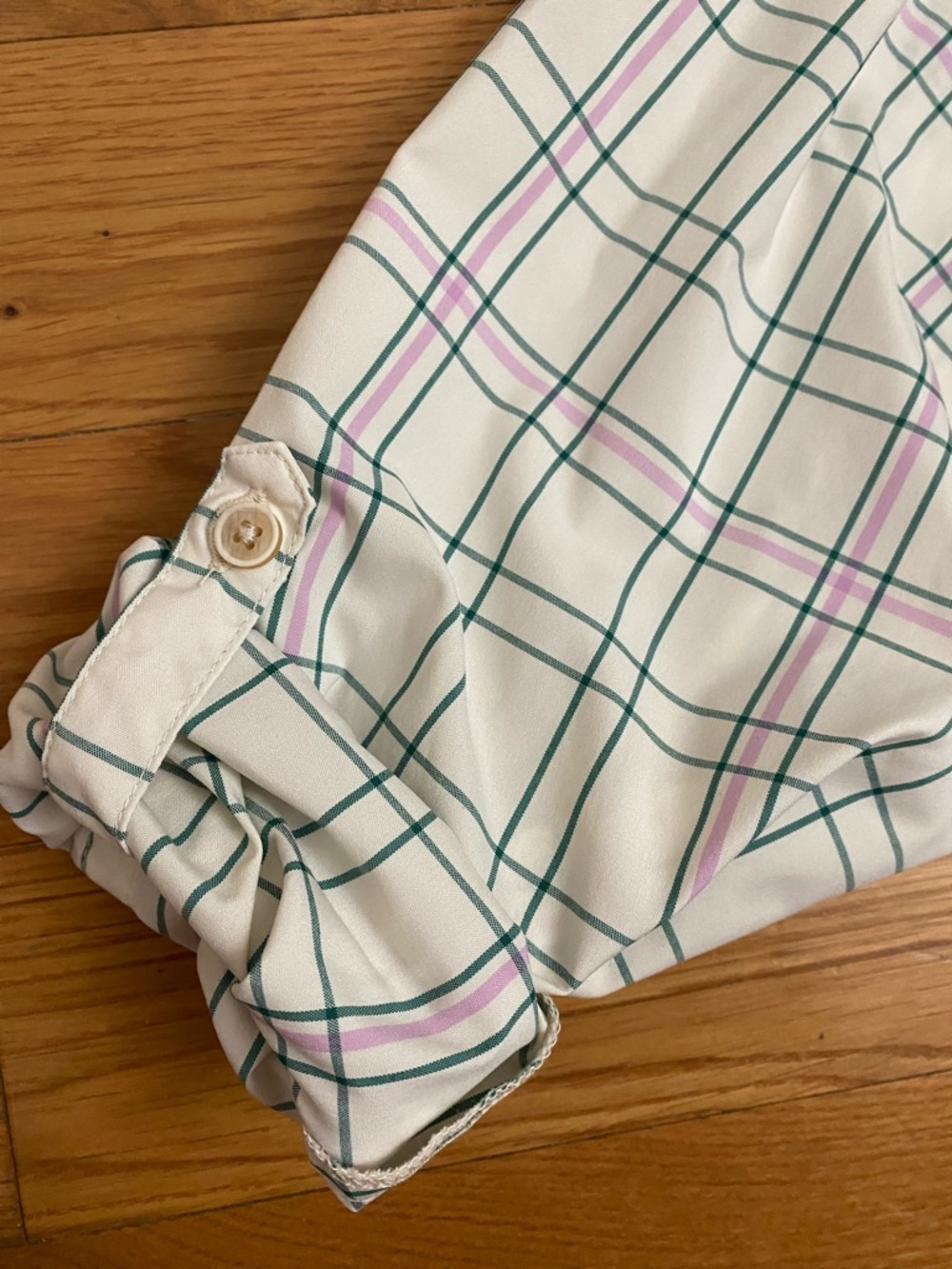 L.L. Bean Cream Plaid Button-Down Shirt with Green and Purple Lines - Picture 6 of 9